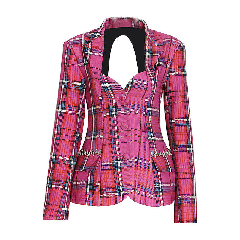 Preppy Sweetheart Crystal Embellished Cutout Checkered Peplum Blazer - Pink