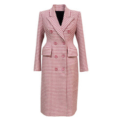 Retro Houndstooth Print Peak Lapel Double Breasted Woolen Tailored Duster Coat