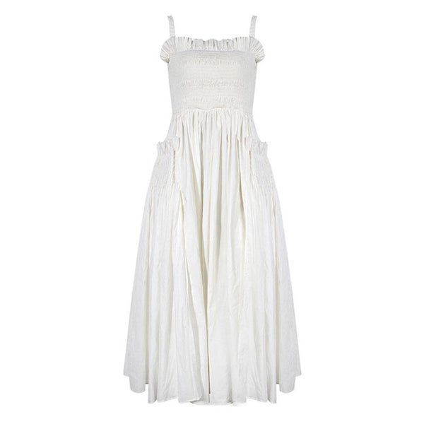 Retro Ruffle Trim Smocked Suspender Strap Fit and Flare Midi Summer Sundress