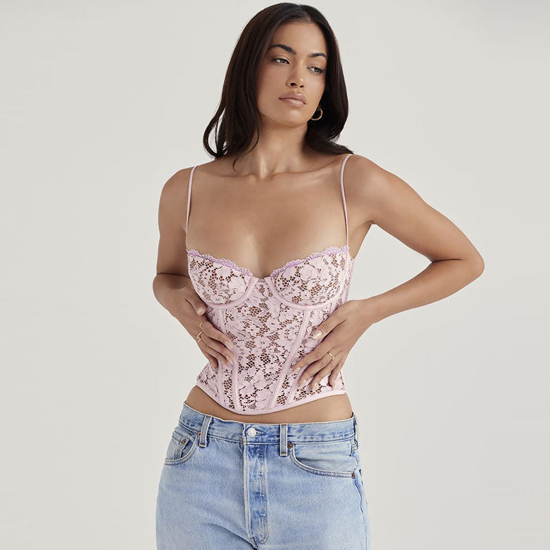 Romantic Sweetheart Spaghetti Strap Floral Lace Corset Crop Top - Pink