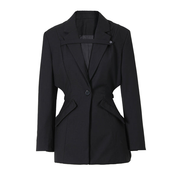 Sassy Banded Waist Cutout Lapel Collar Single Breasted Tailored Blazer