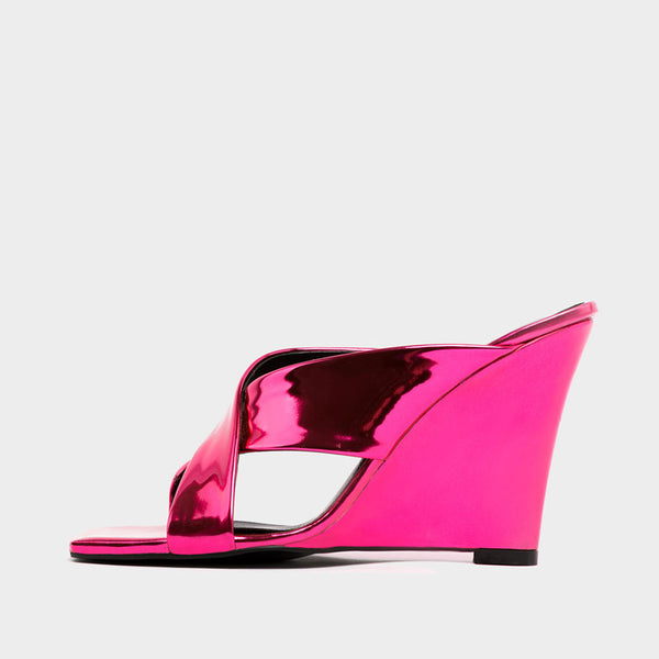 Sassy Cross Strap Patent Leather Square Toe Wedge Mules - Fuchsia