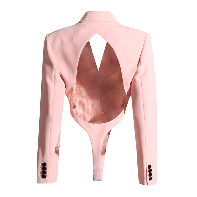 Sassy Cutout Peak Lapel Shoulder Pad Long Sleeve Blazer Bodysuit - Pink