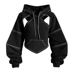 Sassy Cutout Tie Back Contrast Stitch Drawstring Hooded Crop Sweatshirt