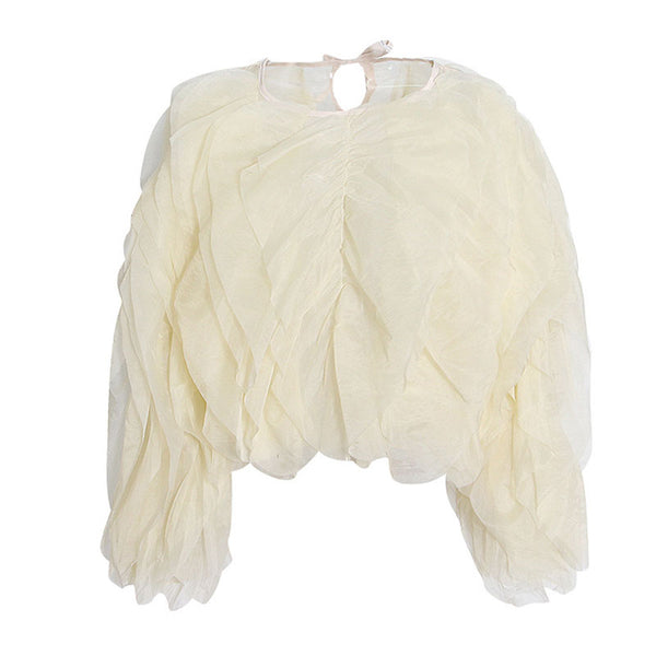 Semi Sheer Chiffon Layered Ruffle Puff Sleeve Round Neck Cropped Blouse