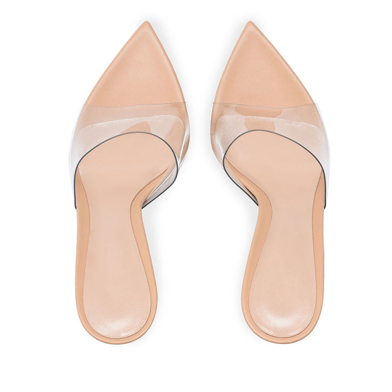 Sensual Clear PVC Pointed Toe Stiletto Mules - Apricot