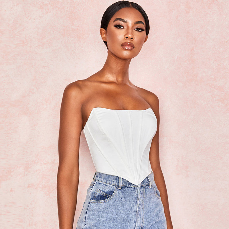 Sexy Asymmetric Sweetheart Neck Corset Bandeau Top - White