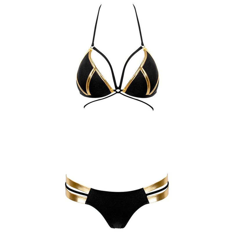 Sexy Contrast Metallic Cutout Push Up Brazilian Bikini Set - Black