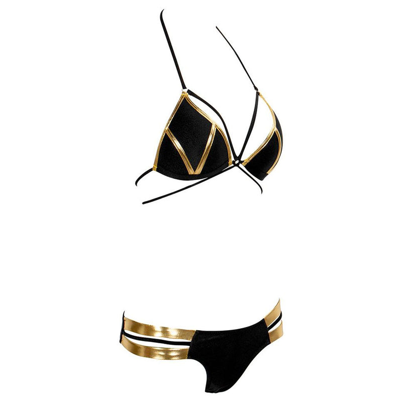 Sexy Contrast Metallic Cutout Push Up Brazilian Bikini Set - Black