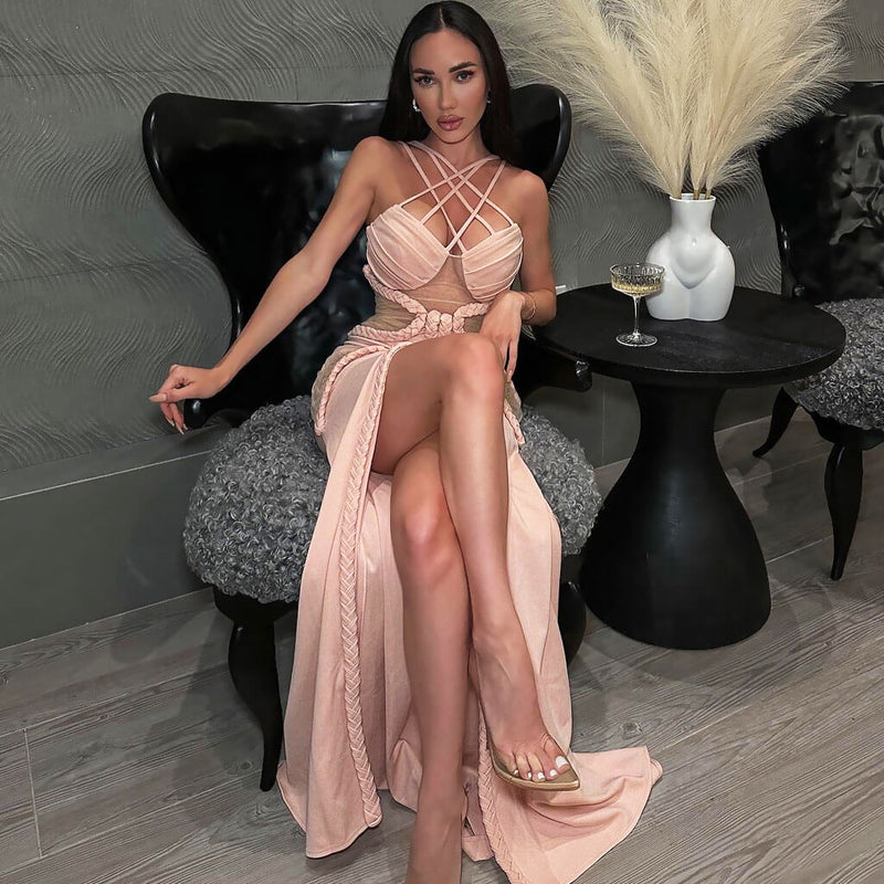 Sexy Criss Cross Braided Mesh Cutout Front Slit Maxi Evening Dress - Dusty Pink