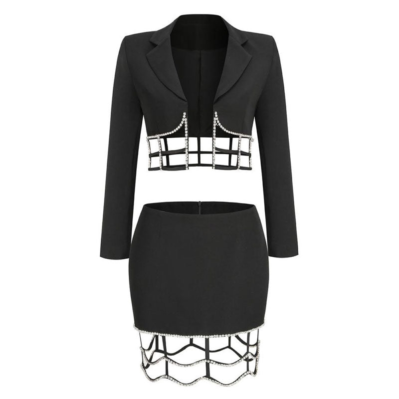 Sexy Crystal Embellished Cutout Lapel Collar Crop Blazer Matching Set - Black