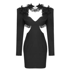 Sexy Crystal High Neck Lace Trim Puff Sleeve Bodycon Cutout Party Mini Dress