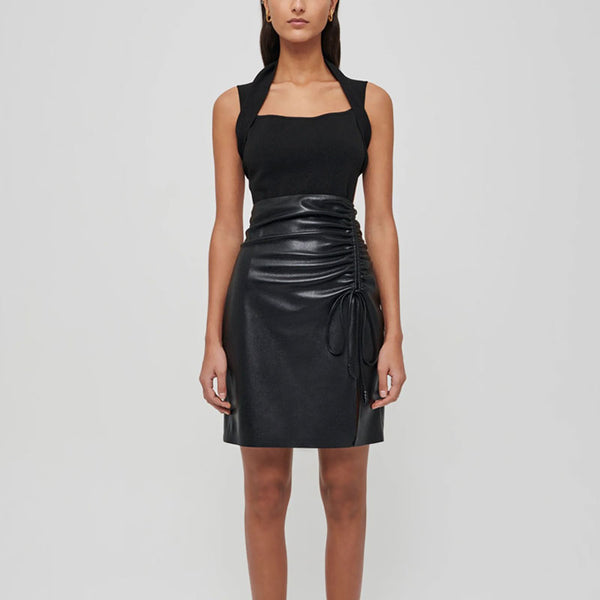 Sexy Drawstring Ruched Side Slit Faux Leather Mini Bodycon Skirt - Black