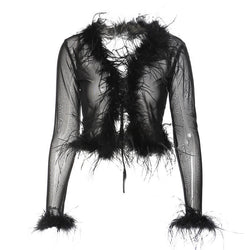 Sexy Faux Feather Trim Long Sleeve Tie Front Cropped Mesh Top