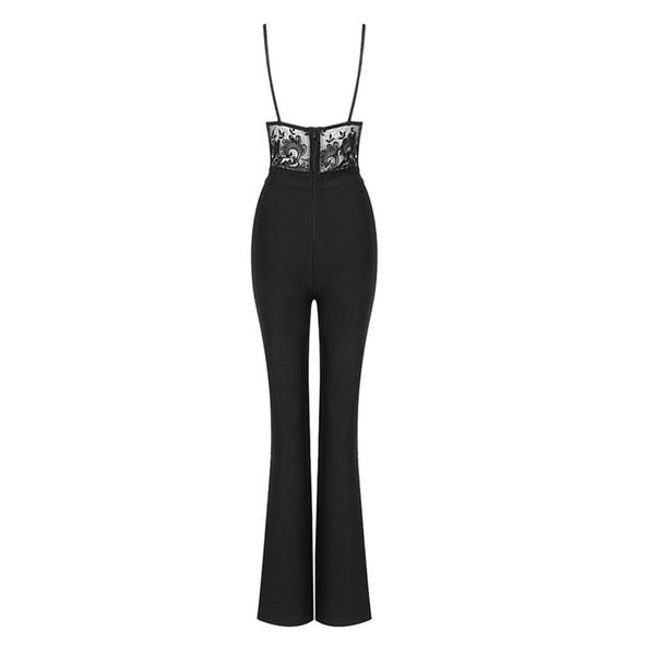 Sexy Lace Trim Keyhole Cut Out Cami Side Slit Straight Leg Bandage Jumpsuit