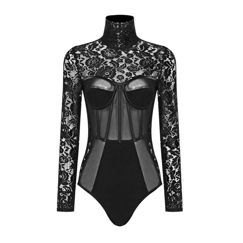 Sexy Mesh Panel High Neck Long Sleeve Floral Lace Corset Bodysuit