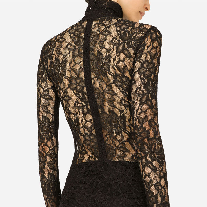 Sexy Mesh Panel High Neck Long Sleeve Floral Lace Corset Bodysuit