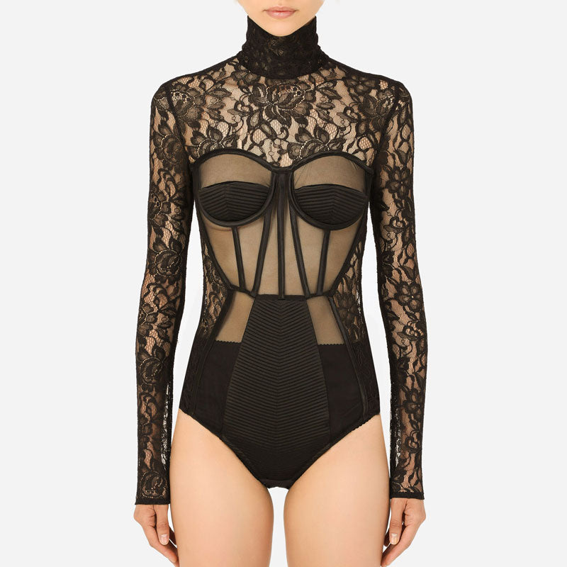 Sexy Mesh Panel High Neck Long Sleeve Floral Lace Corset Bodysuit