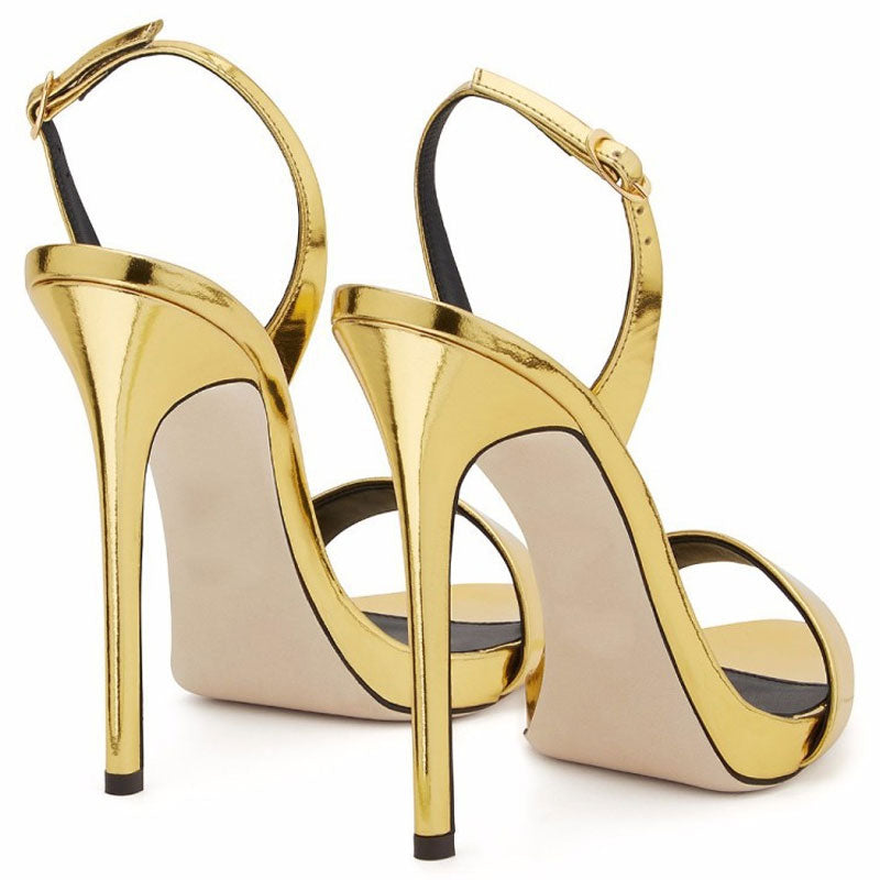 Sexy Patent Leather Round Toe Stiletto Halter Slingback Sandals - Gold