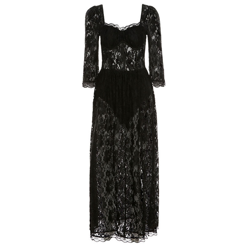 Sexy Scalloped High Slit Square Neck Lace Maxi Dress - Black