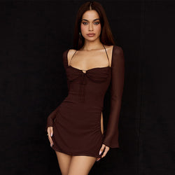 Sexy Self Tie Cutout Long Sleeve Mesh Halter Mini Dress - Coffee