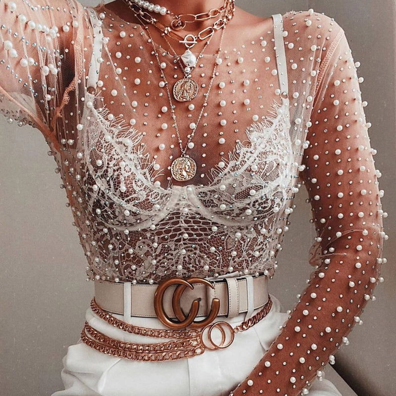 Sexy Sheer Mesh Pearl Beaded Long Sleeve Top - Nude