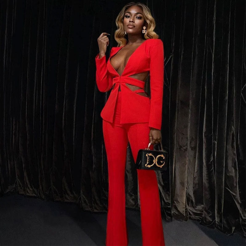 Sexy Side Cutout Long Sleeve Plunging Neck Tailored Blazer Matching Set - Red