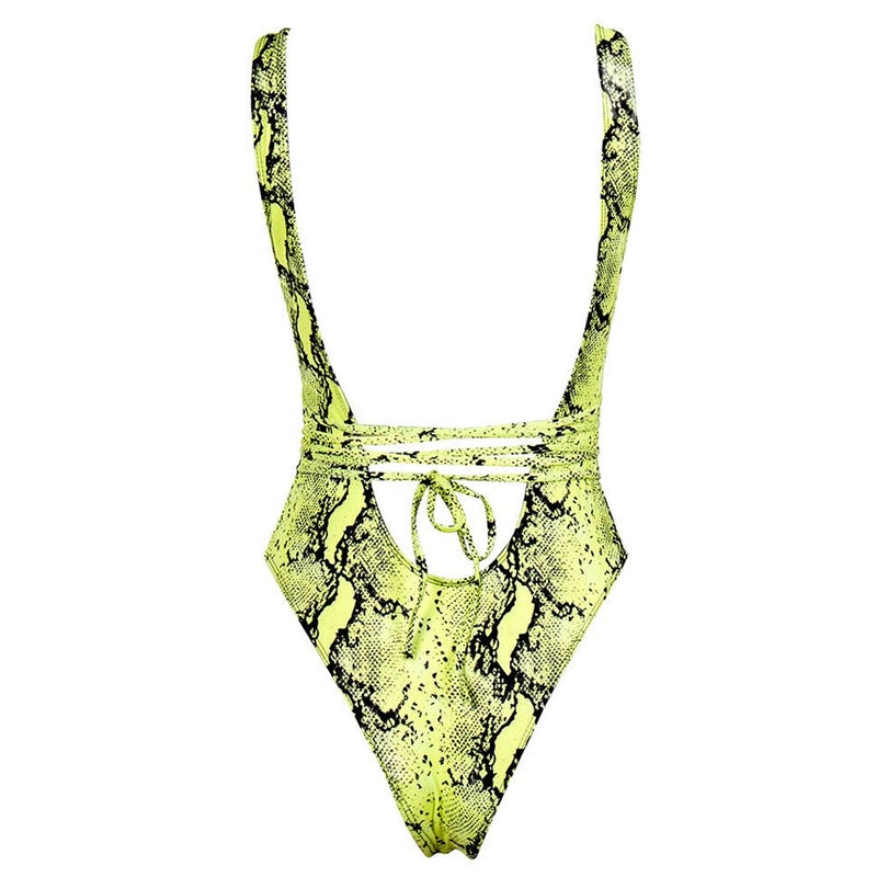 Sexy Snake Print Crisscross Cutout Sliding One Piece Swimsuit - Lime