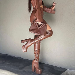 Sexy Square Toe Over Knee Platform Chunky Heeled Boots - Apricot