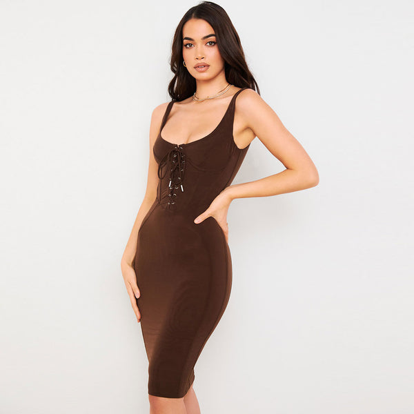 Sexy Tie Front Push Up Bodycon Bandage Corset Midi Dress - Chocolate