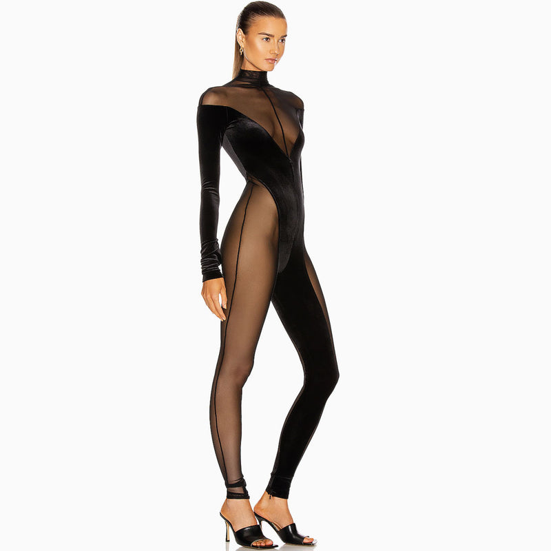 Sexy Turtleneck Sheer Mesh Long Sleeve Velvet Jumpsuit - Black