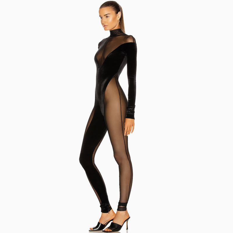 Sexy Turtleneck Sheer Mesh Long Sleeve Velvet Jumpsuit - Black