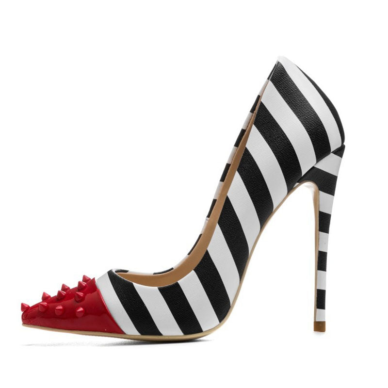 Sharp Studded Pointed Top Striped Print High Heel Pumps - Black