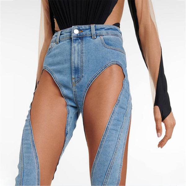 Sheer Mesh Panel Side Slit High Rise Skinny Spiral Jeans - Blue