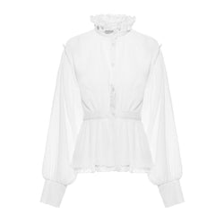 Sheer Ruffled High Neck Puff Sleeve Button Down Pleated Peplum Blouse