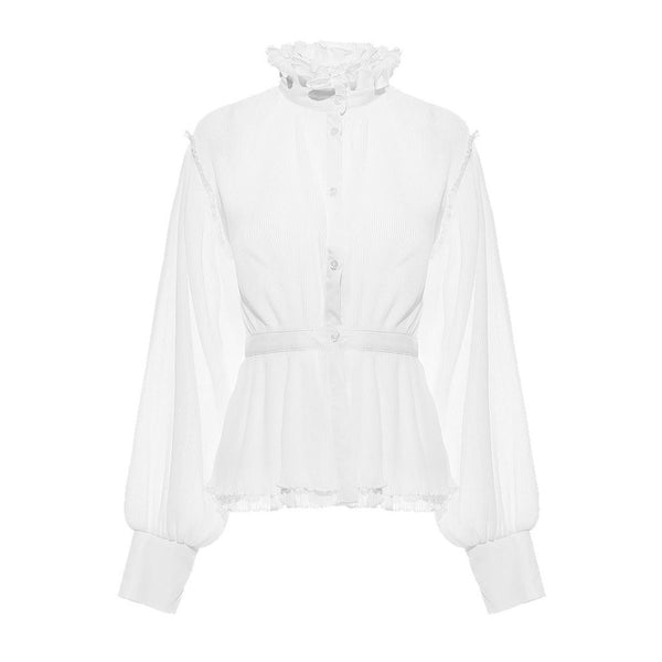 Sheer Ruffled High Neck Puff Sleeve Button Down Pleated Peplum Blouse