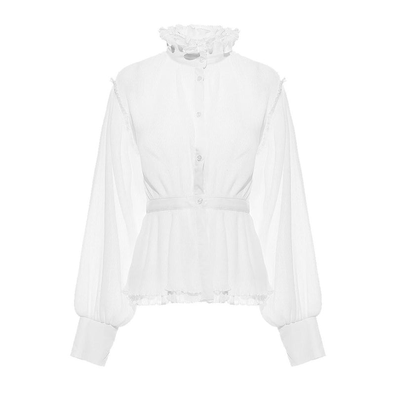 Sheer Ruffled High Neck Puff Sleeve Button Down Pleated Peplum Blouse