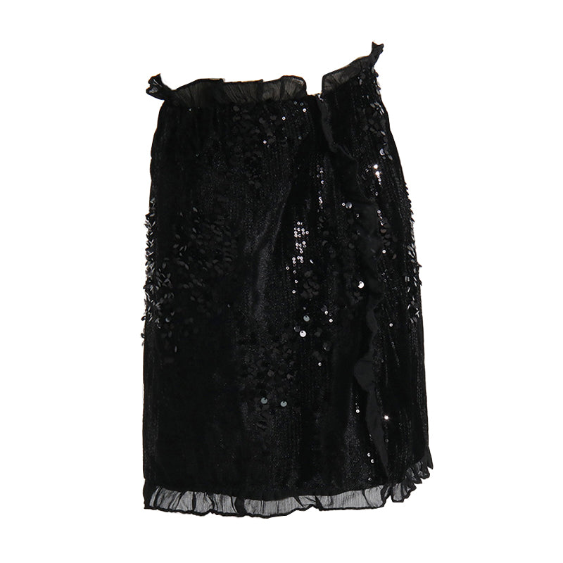 Shimmering Sequin Embellished Layered Ruffled Trim High Waist Mini Skirt