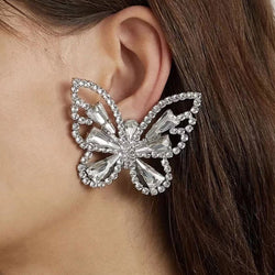 Shimmery Plated Crystal Embellished Butterfly Earrings - Silver