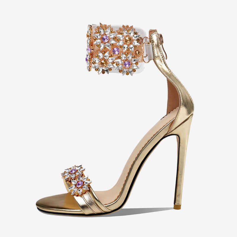 Shimmery Rhinestone Embellished Ankle Strap Stiletto Sandals - Gold