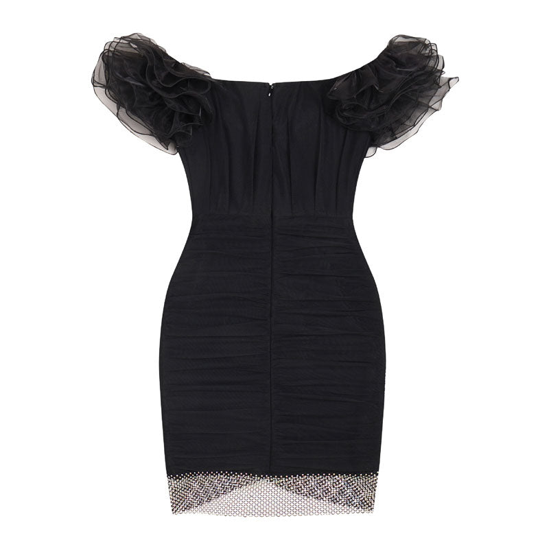 Shiny Rhinestone Ruched Mesh Panel Ruffled Off The Shoulder Mini Bandage Dress - Black