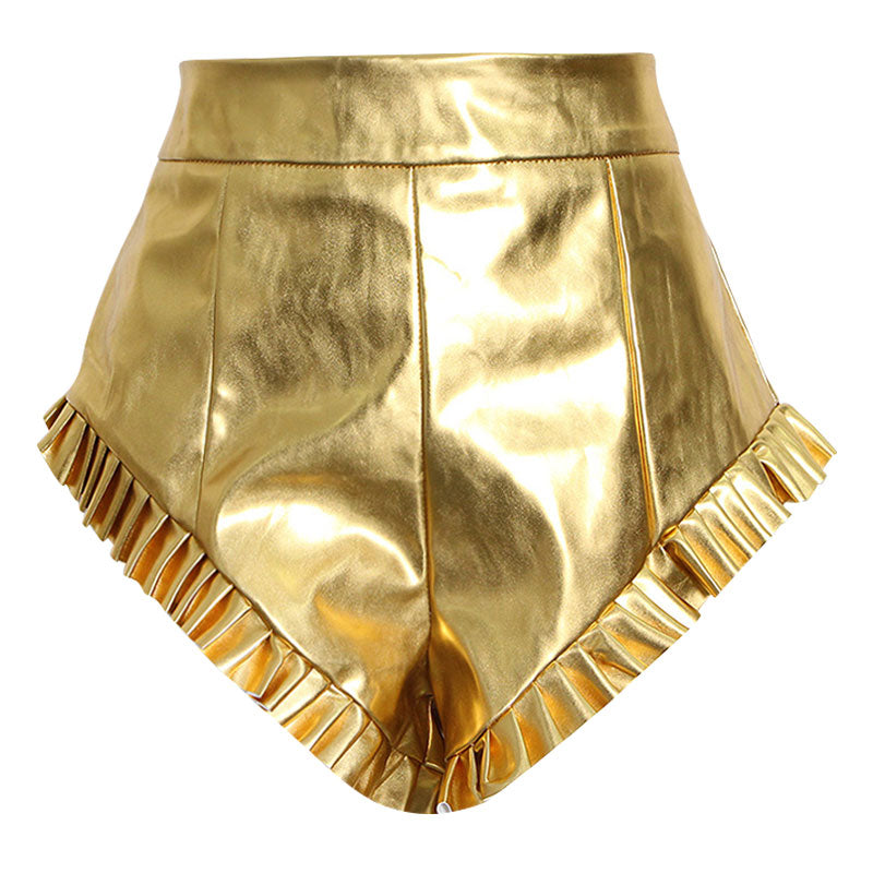 Shiny Ruffle Trim High Waist Vegan Leather Micro Booty Shorts