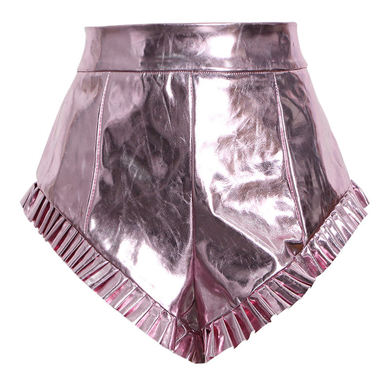 Shiny Ruffle Trim High Waist Vegan Leather Micro Booty Shorts