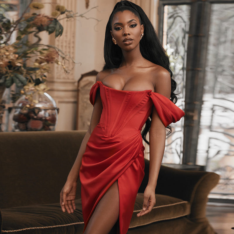 Silky Satin Off Shoulder High Slit Drape Corset Midi Dress - Red