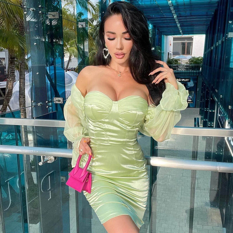 Silky Satin Off Shoulder Mesh Sleeve Bustier Corset Mini Dress - Sage Green