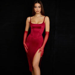 Silky Satin Square Neck High Slit Cocktail Party Midi Dress - Burgundy