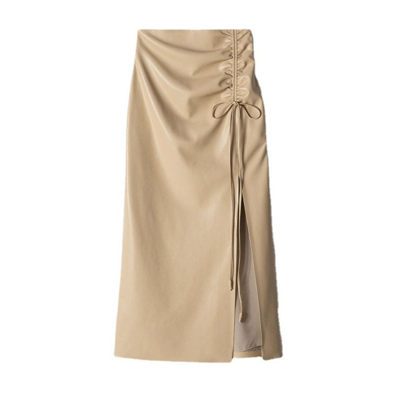 Sleek Drawstring Ruched High Waist Front Slit Vegan Leather Midi Skirt - Khaki