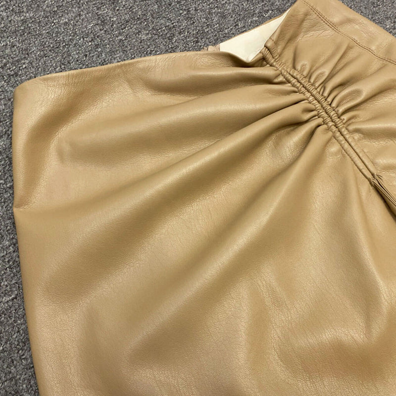 Sleek Drawstring Ruched High Waist Front Slit Vegan Leather Midi Skirt - Khaki