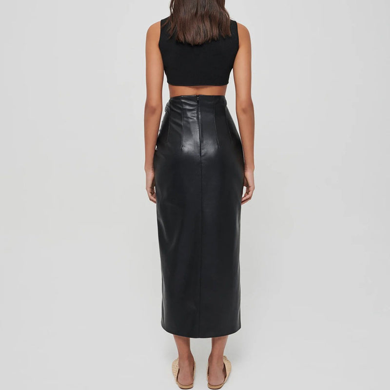 Sleek Drawstring Ruched High Waist Front Slit Vegan Leather Midi Skirt - Black