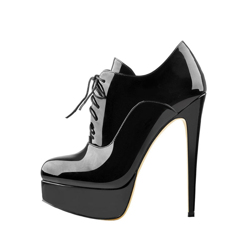 Sleek Patent Leather Platform Lace Up Oxford Stiletto Heels - Black